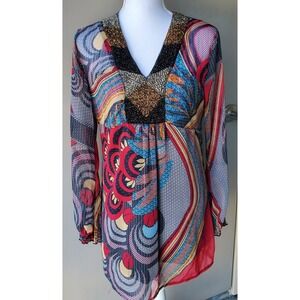 Zashi Dress Womens Medium Red Blue Orange Beaded Neck BOHO Long Sleeve Lined‎